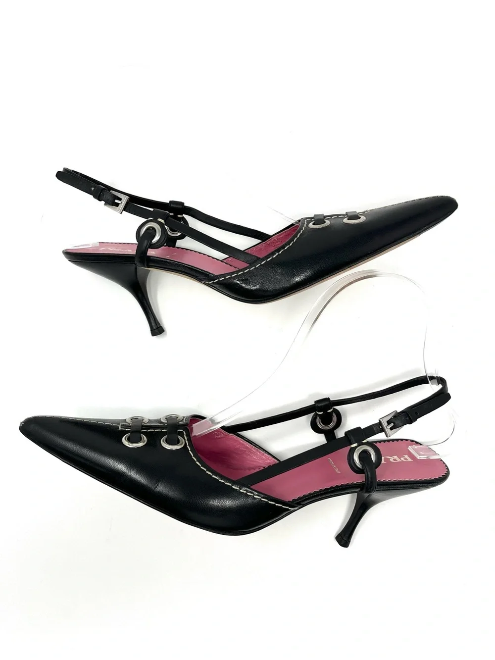 Vintage Prada 90s Black Leather Pointed Toe Grommet Slingback Kitten Heels 37.5 - Picture 5 of 10